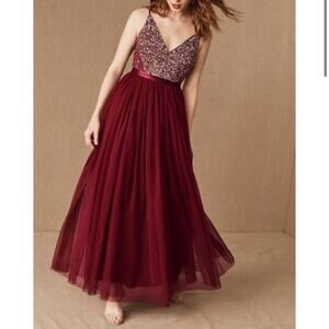 BHLDN Avery Beaded Tulle Gown Burgundy Formal Evening Maxi Dress Size 8
